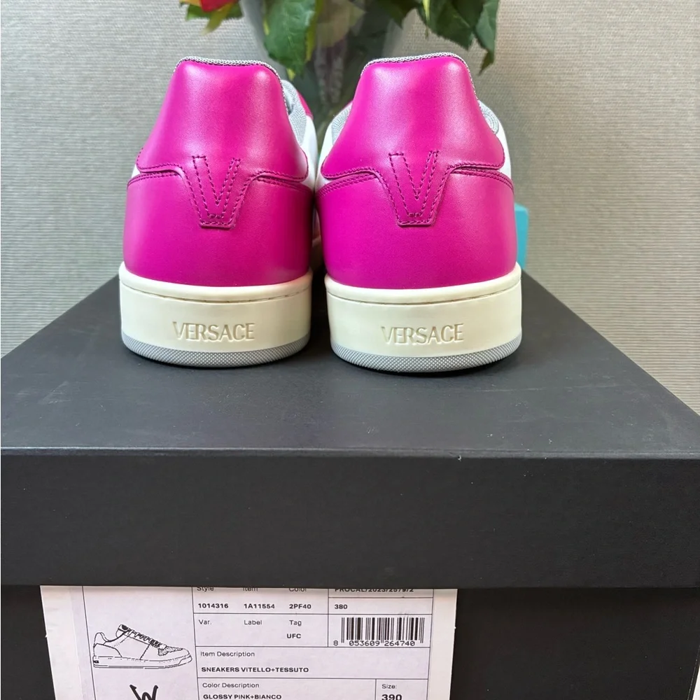 NWT Versace Women’s White & Pink Vitello Leather Sneakers - EU Size 39 = US 9 - Picture 11 of 14